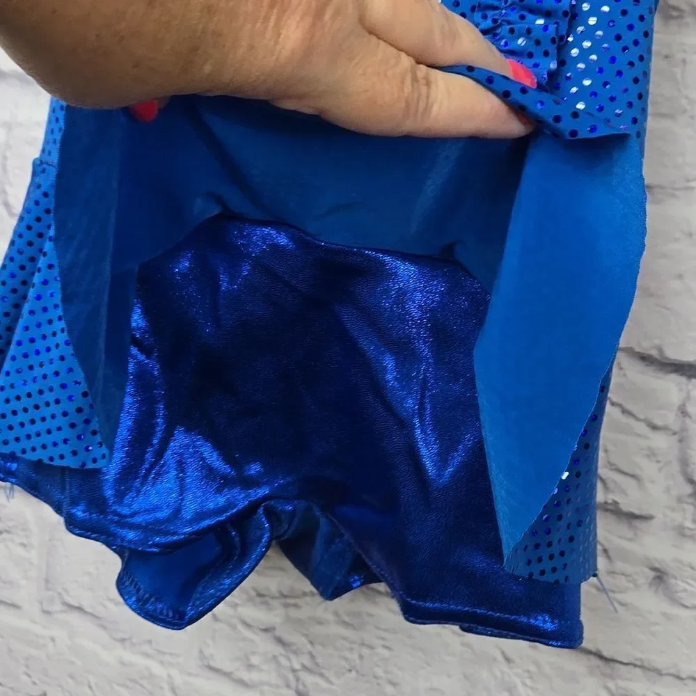 Girls Blue Sequin Ruffle Biketard Sleeveless Leotard Dance Costume Small Feather